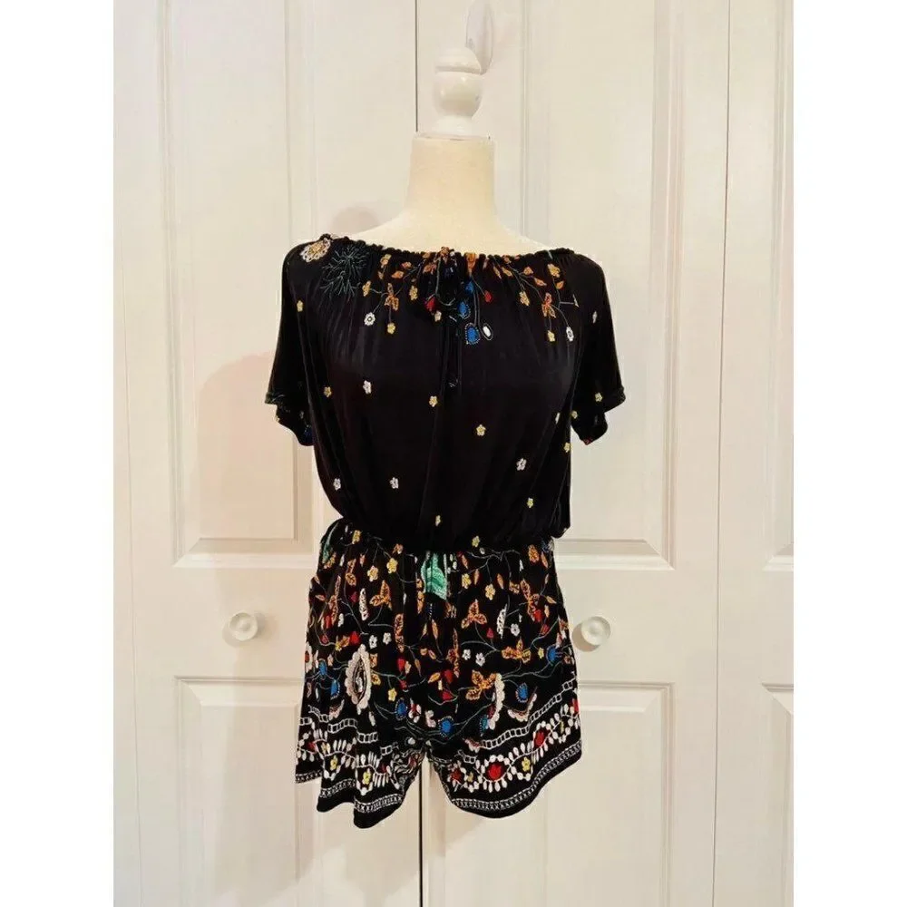 Black floral short sleeve boho romper small
